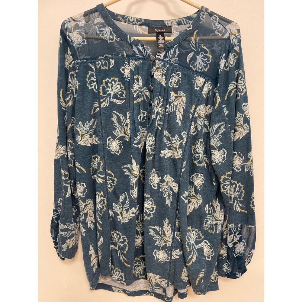 Style & Co Womens XL Teal Floral Mixed Media Henley Blouse Pintuck Sheer Sleeve